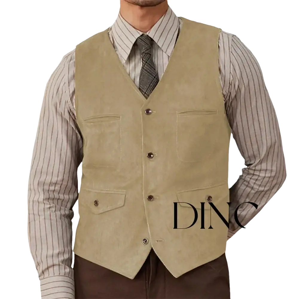 Beige suede western vest with four flap pockets and dark brown buttons in olive green suede product range