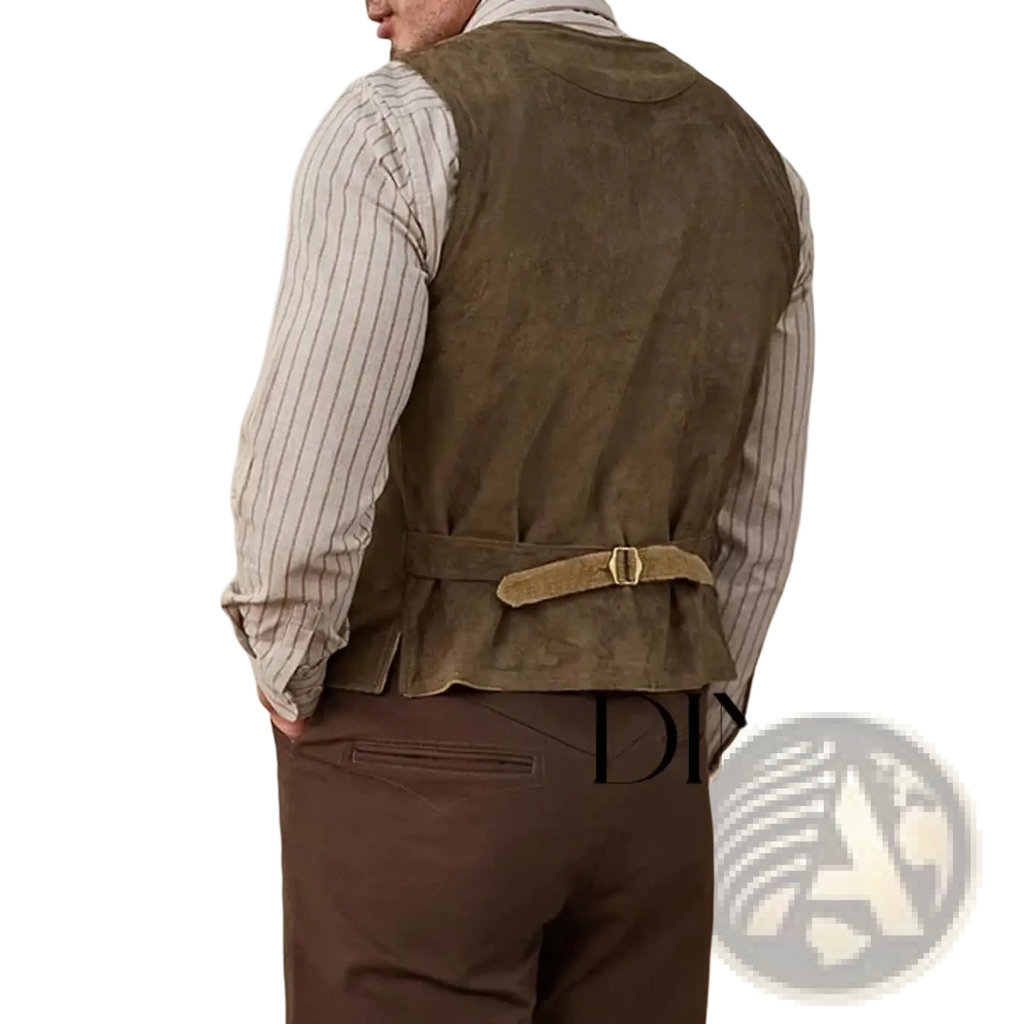 Olive green suede western vest featuring a matching belt buckle highlighting its premium suede material