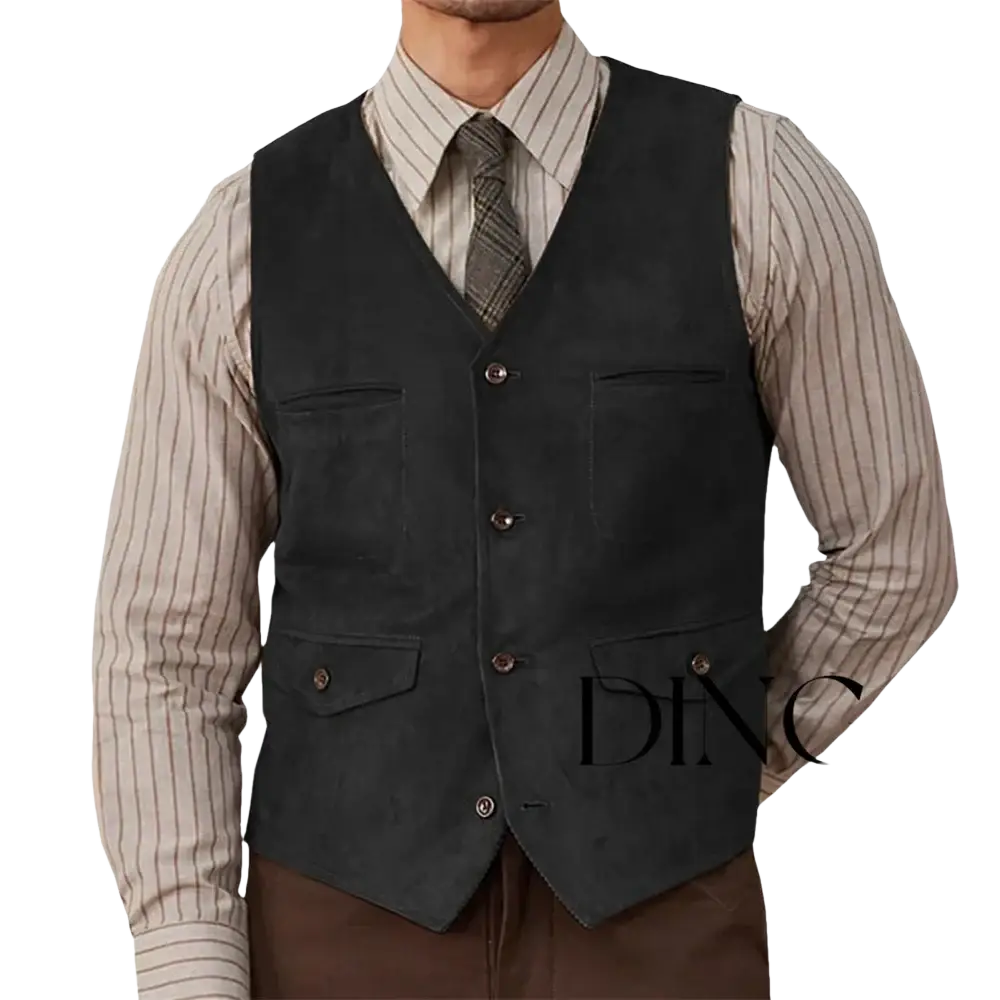 Black suede western vest featuring four front buttons and two flap pockets in olive green style