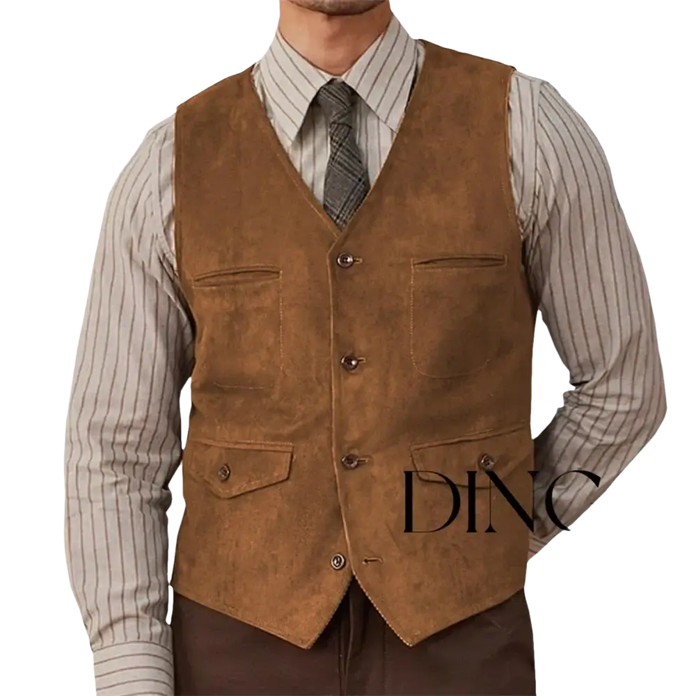 Olive green suede western vest with brown suede front flap pockets and dark brown buttons