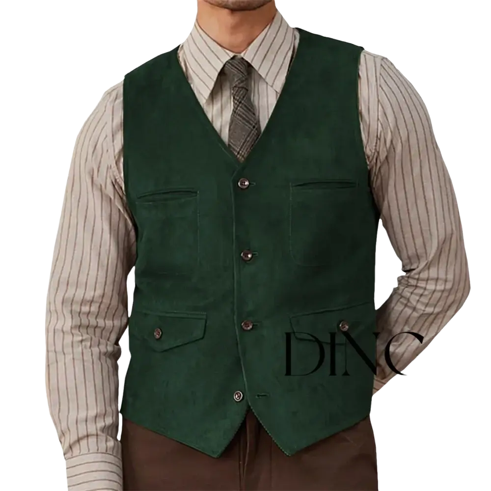 Olive green suede western vest with four front pockets and matching buttons made of dark green suede