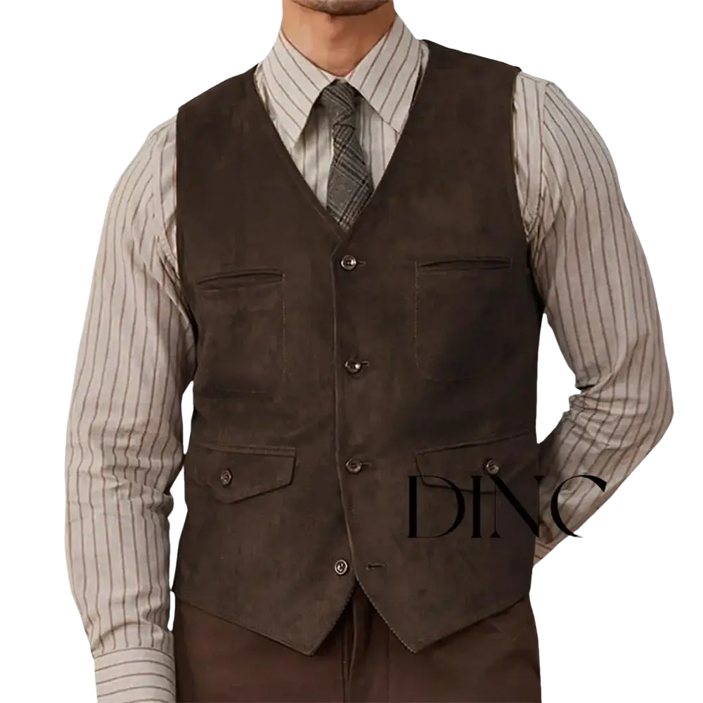 Olive green suede western vest with classic button-front design and two flap chest pockets in dark brown suede