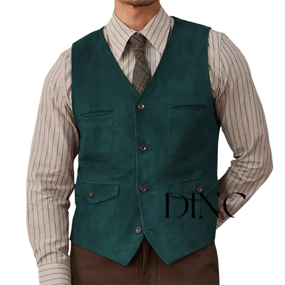 Olive green suede western vest with classic v-neck dark teal suede front buttons and two flap chest pockets