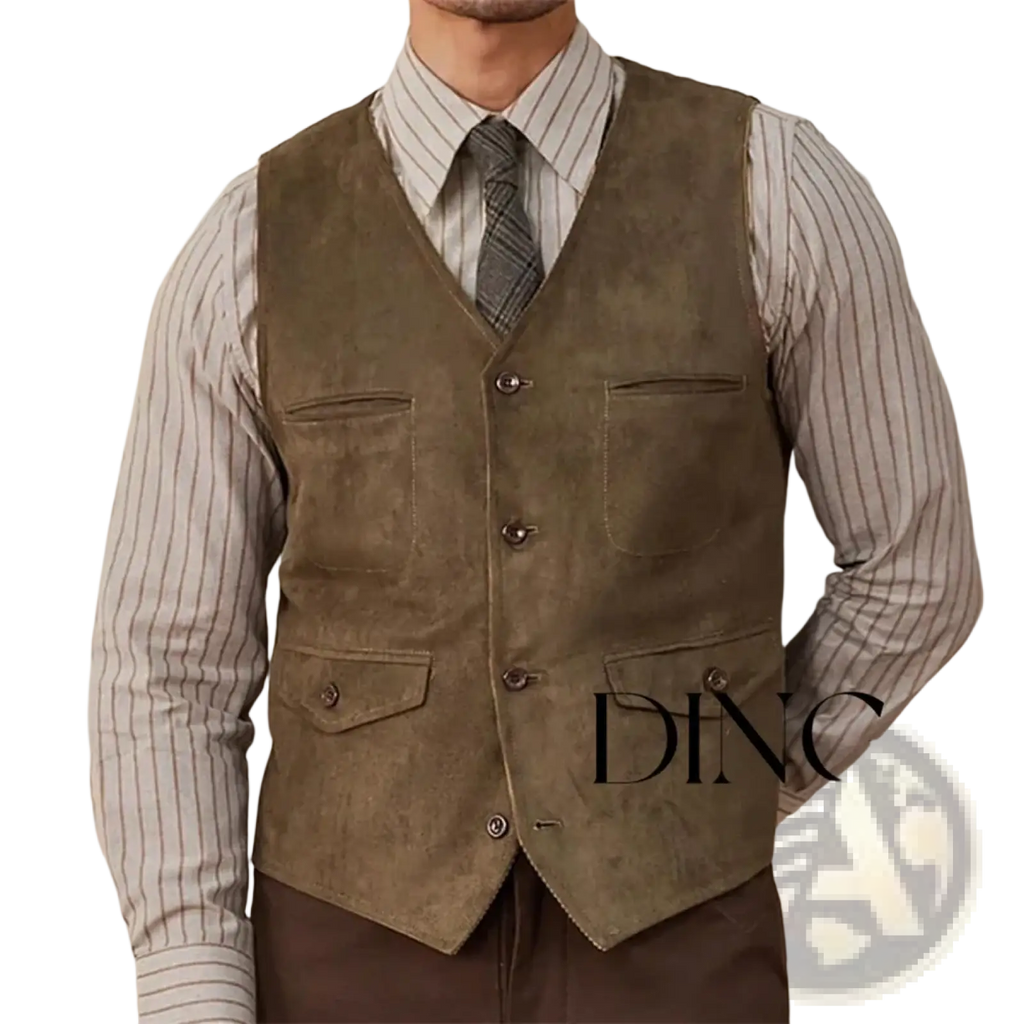 Olive green suede western vest for men featuring four metal buttons and four front pockets