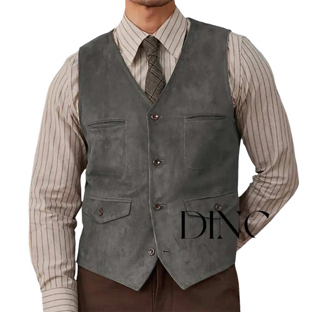 Olive green suede western vest featuring gray suede front with two chest pockets and four buttons closure