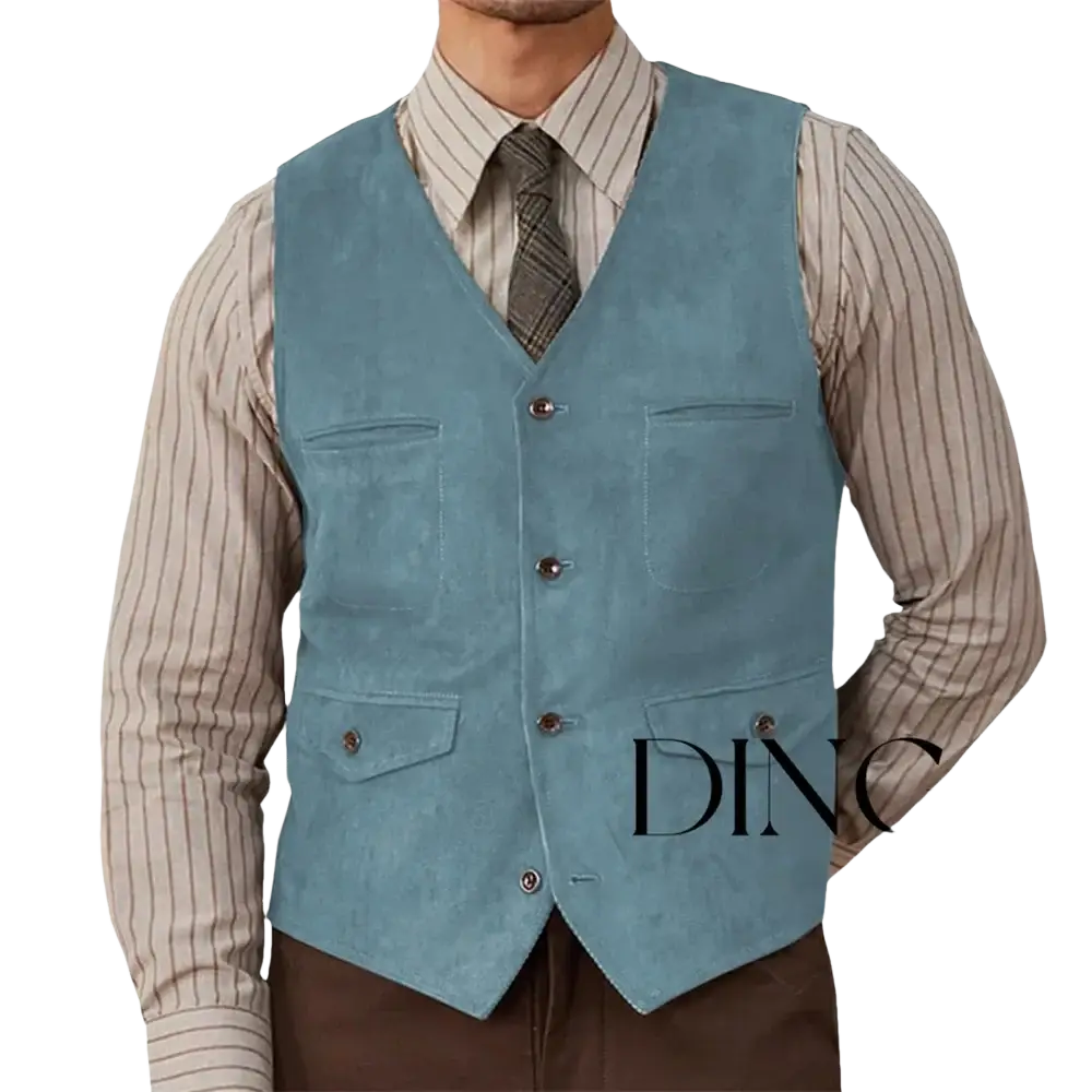 Olive green suede western vest featuring light blue suede fabric with four front pockets and matching buttons