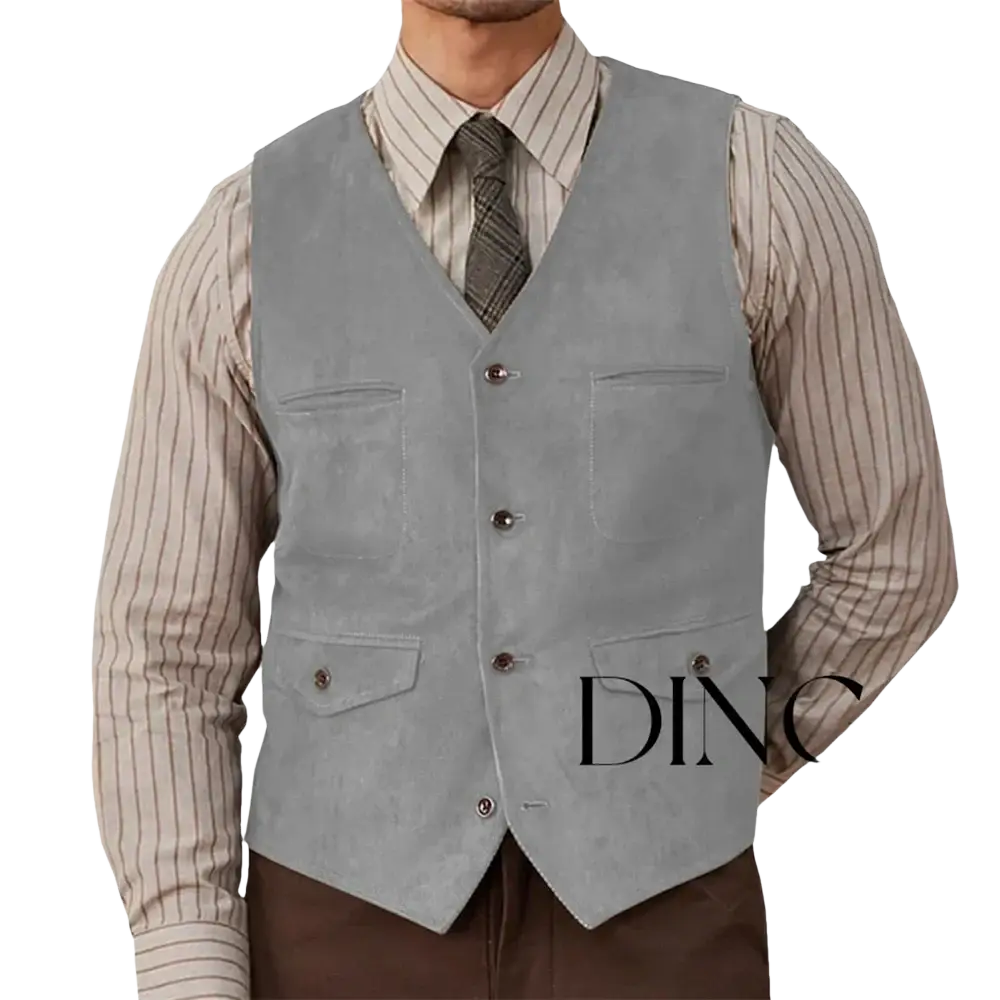 Olive green suede western vest featuring a light gray suede v-neck, four front buttons, and two chest flap pockets