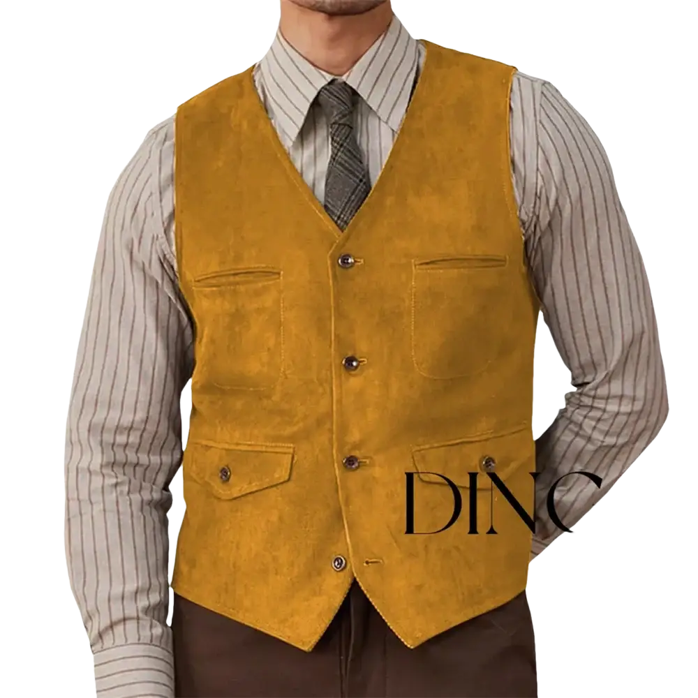 Olive green suede western vest with mustard yellow v neck front four pockets and dark metal buttons