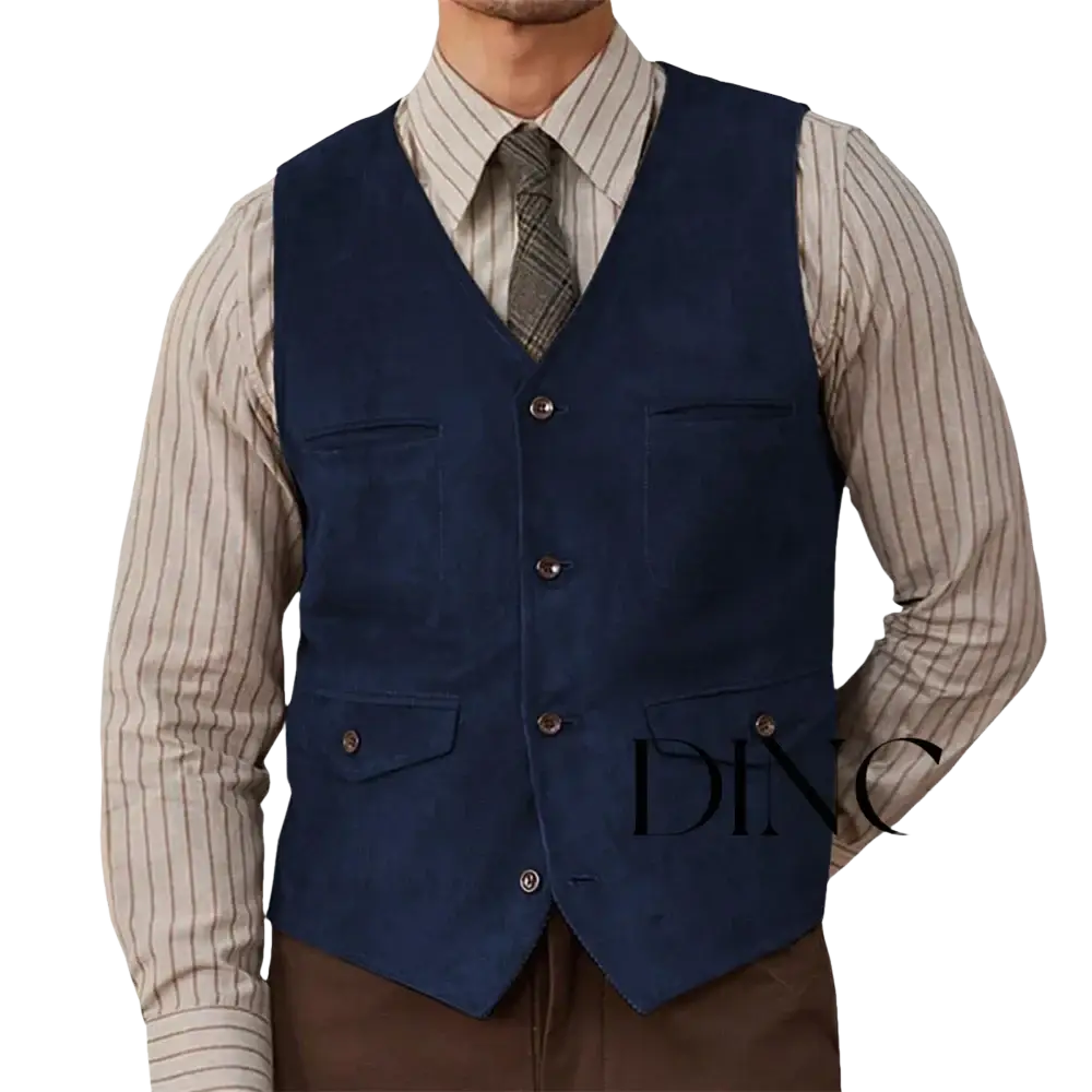 Navy blue suede western vest with four copper toned buttons and two front pockets from olive green suede collection