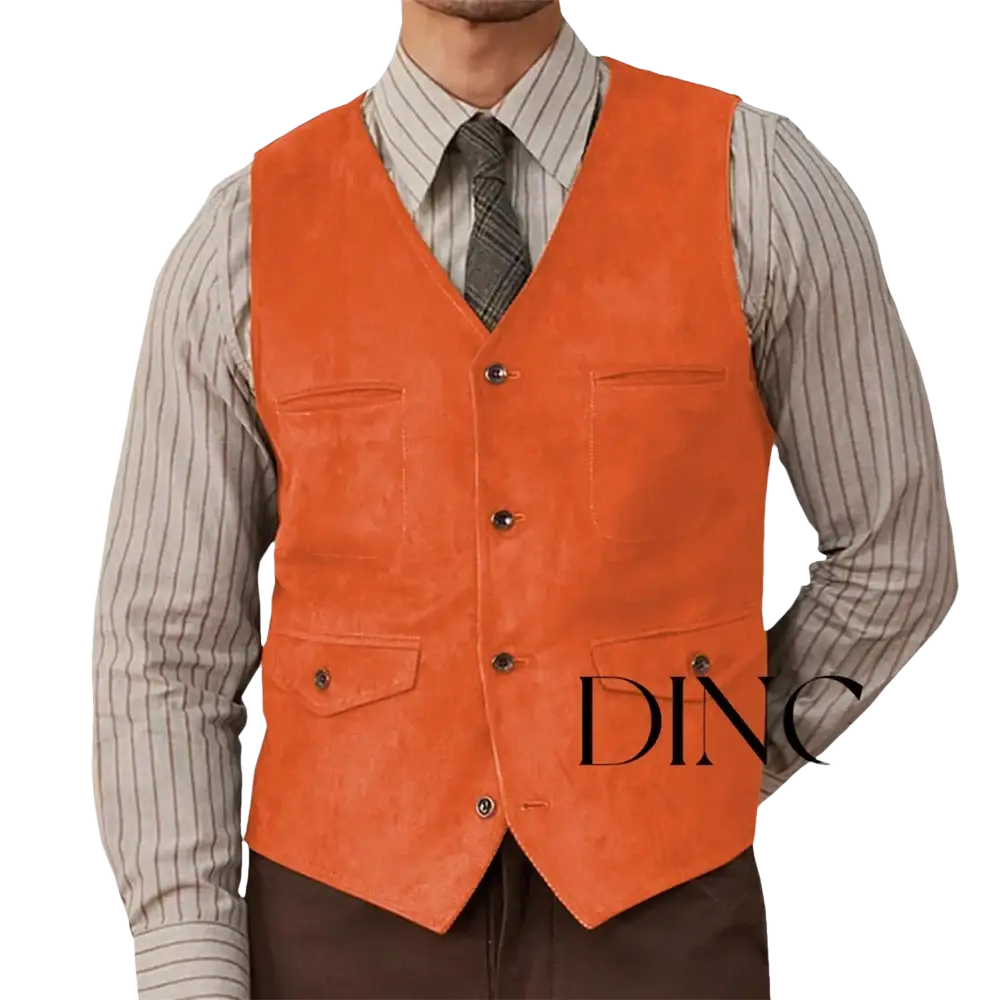 Orange suede western vest with four flap pockets and dark buttons in olive green suede western vest collection