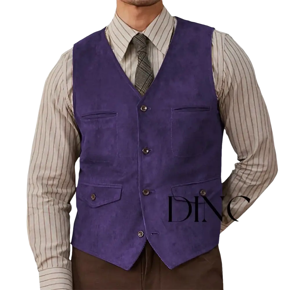 Purple suede western vest with four front pockets and matching buttons in olive green product listing