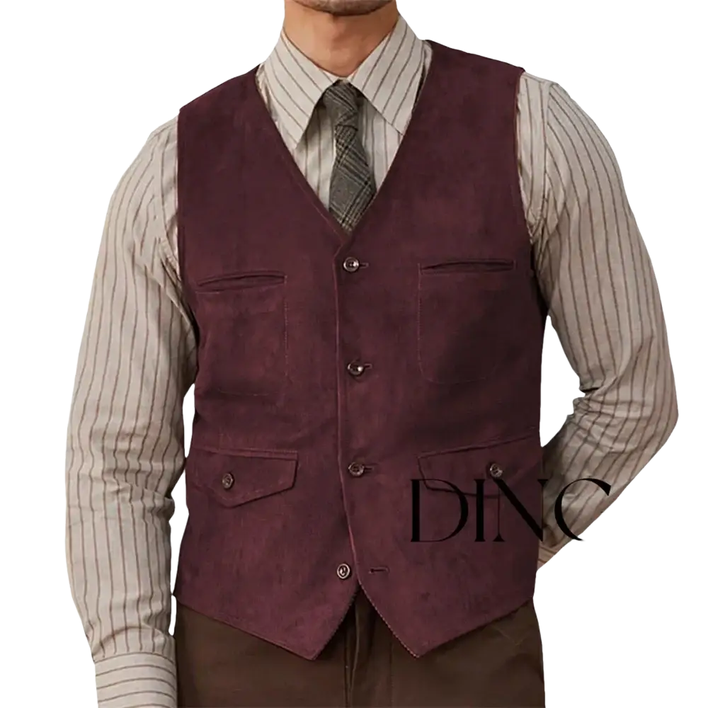 Olive green suede western vest featuring a rich burgundy suede button-front design with two front pockets