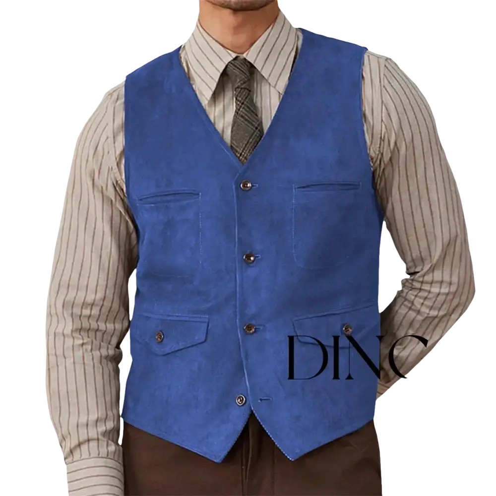 A rich royal blue suede western vest with classic v-neck, four buttons, and two chest flap pockets for stylish wear