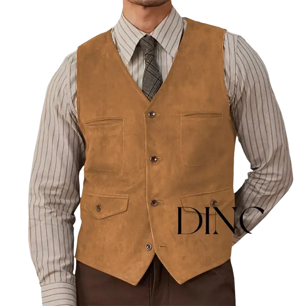 Olive green suede western vest with tan suede front flap pockets and dark metal buttons
