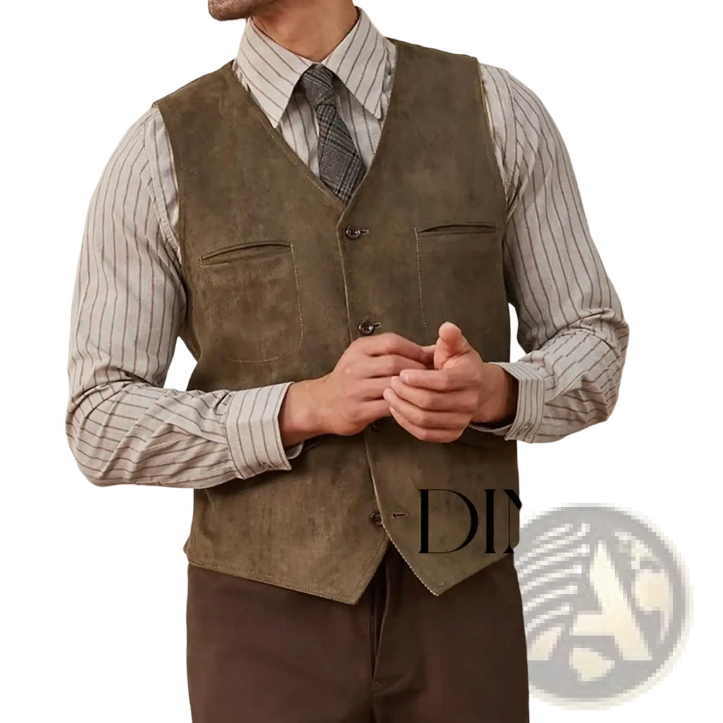Olive green suede western vest featuring two front pockets and button closure in a classic design