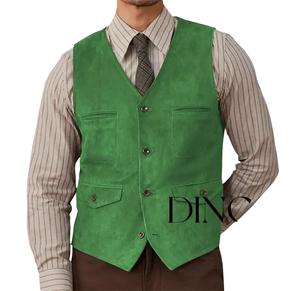 Olive green suede western vest featuring four front pockets and matching buttons in vibrant green suede material