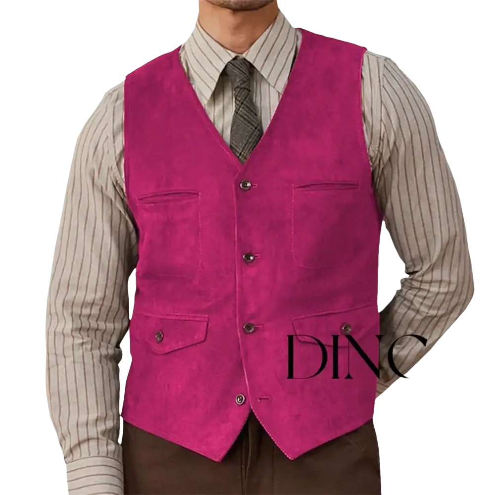 A vibrant magenta suede western vest with classic v neck four front buttons and two flap chest pockets