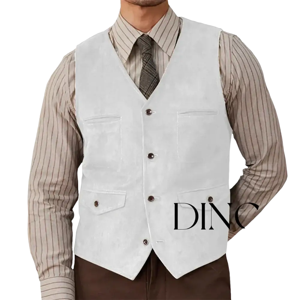 White leather vest with four dark brown buttons and two flap pockets featured in olive green suede western vest product