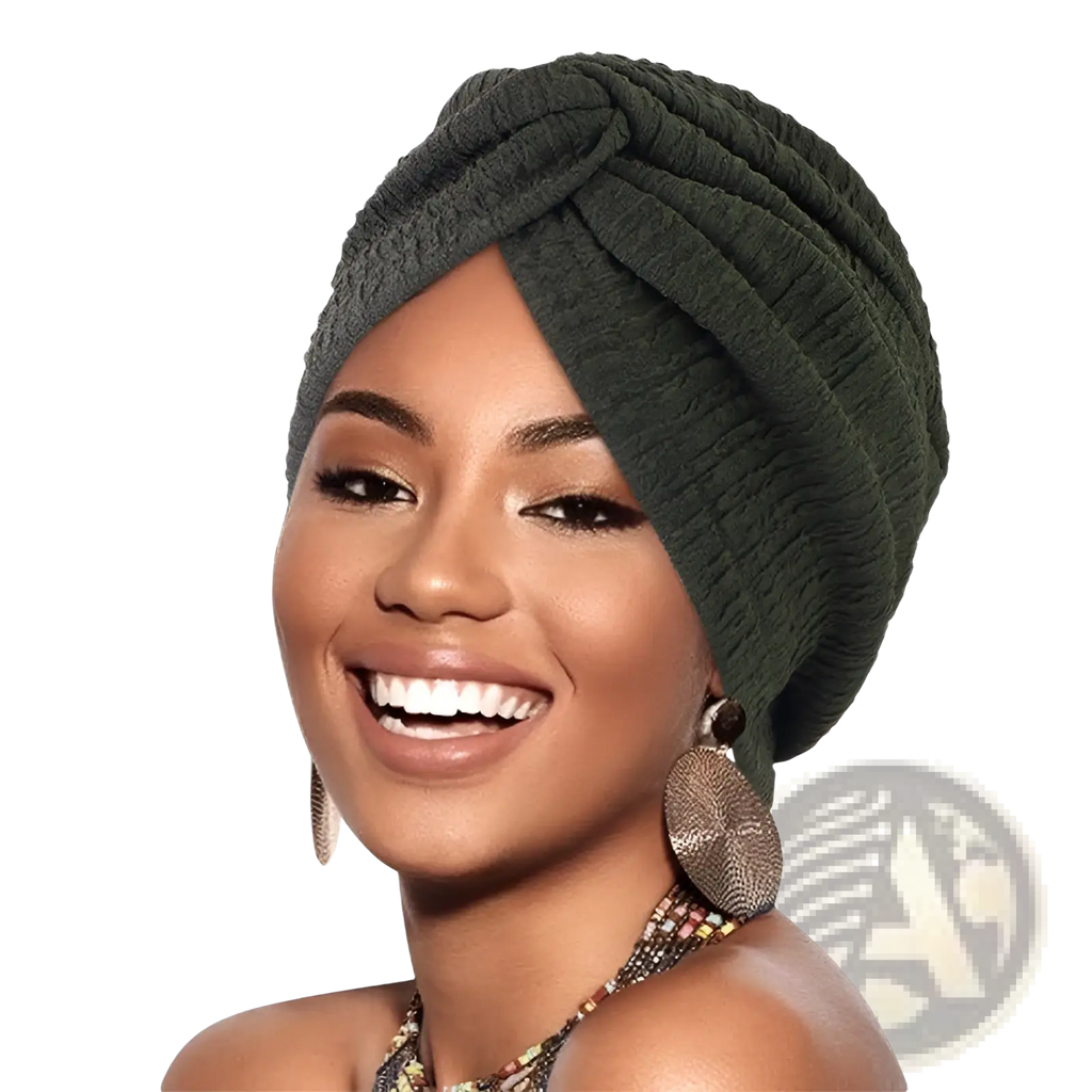 Olive green textured turban headwrap with twisted knot design suitable as an ethnic sun hat