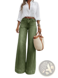 Olive green wide leg denim jeans showing the back side with a relaxed fit and durable cotton material