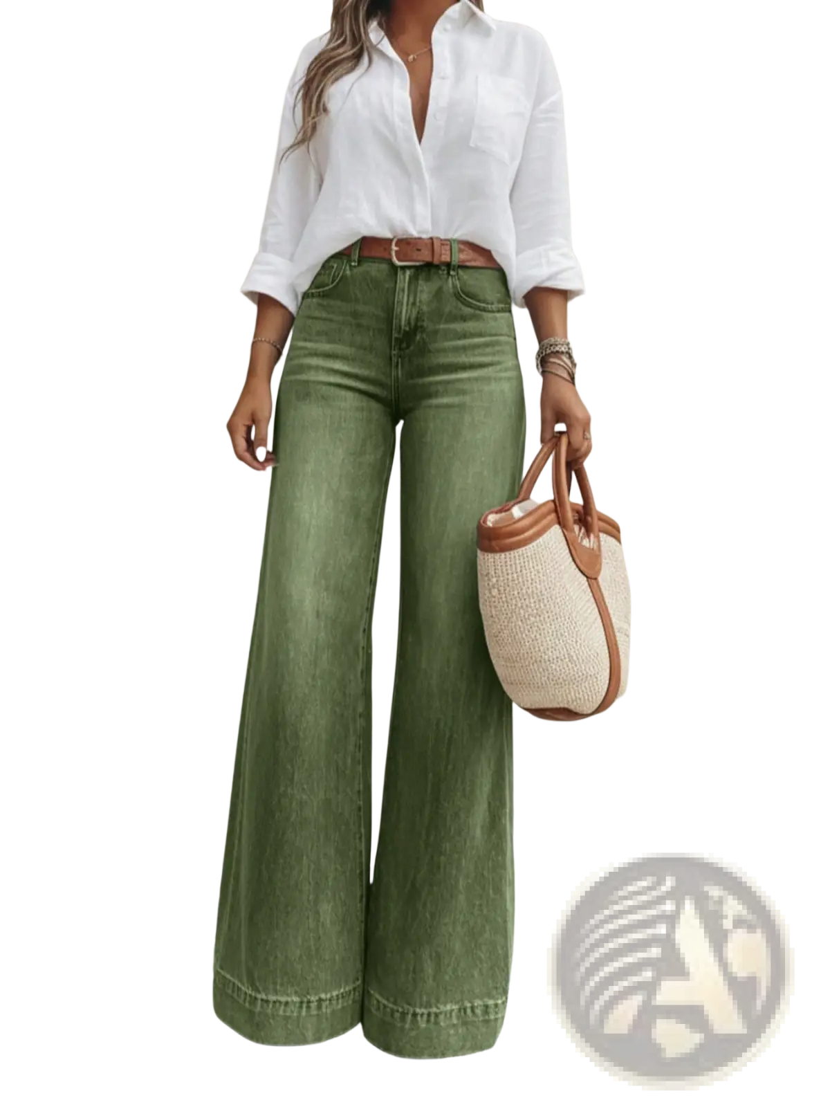 Olive green wide leg denim jeans showing the back side with a relaxed fit and durable cotton material
