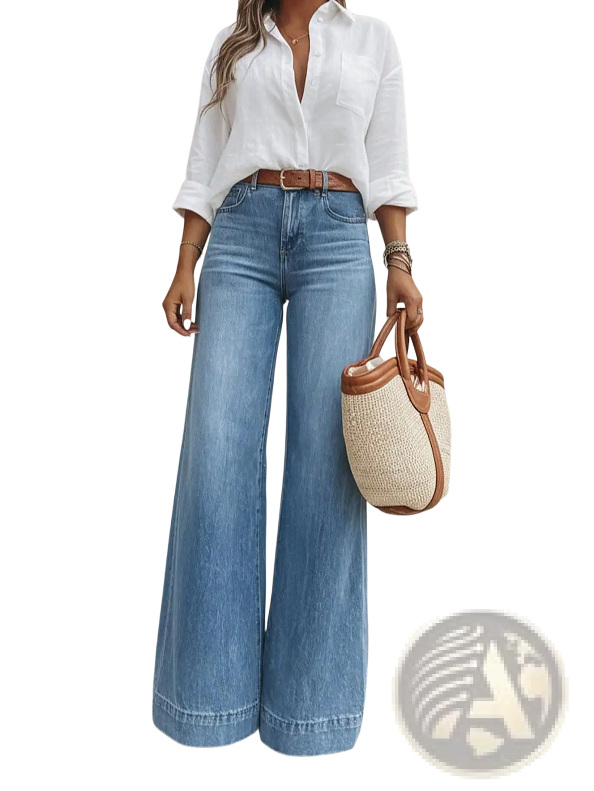 Olive green wide leg denim jeans with light-wash faded blue hue and subtle whiskering at the knees