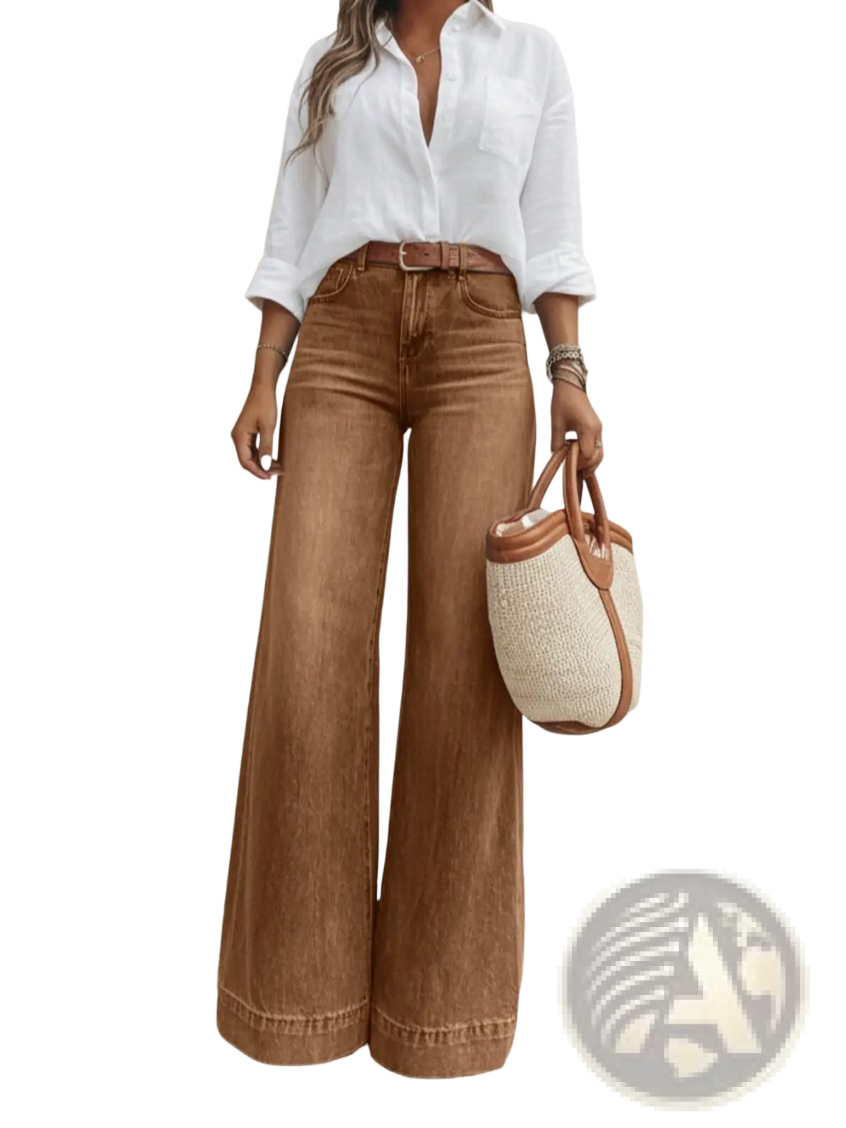 Brown wide-leg denim pants with a relaxed fit and subtle fading featured in olive green wide leg denim jeans product