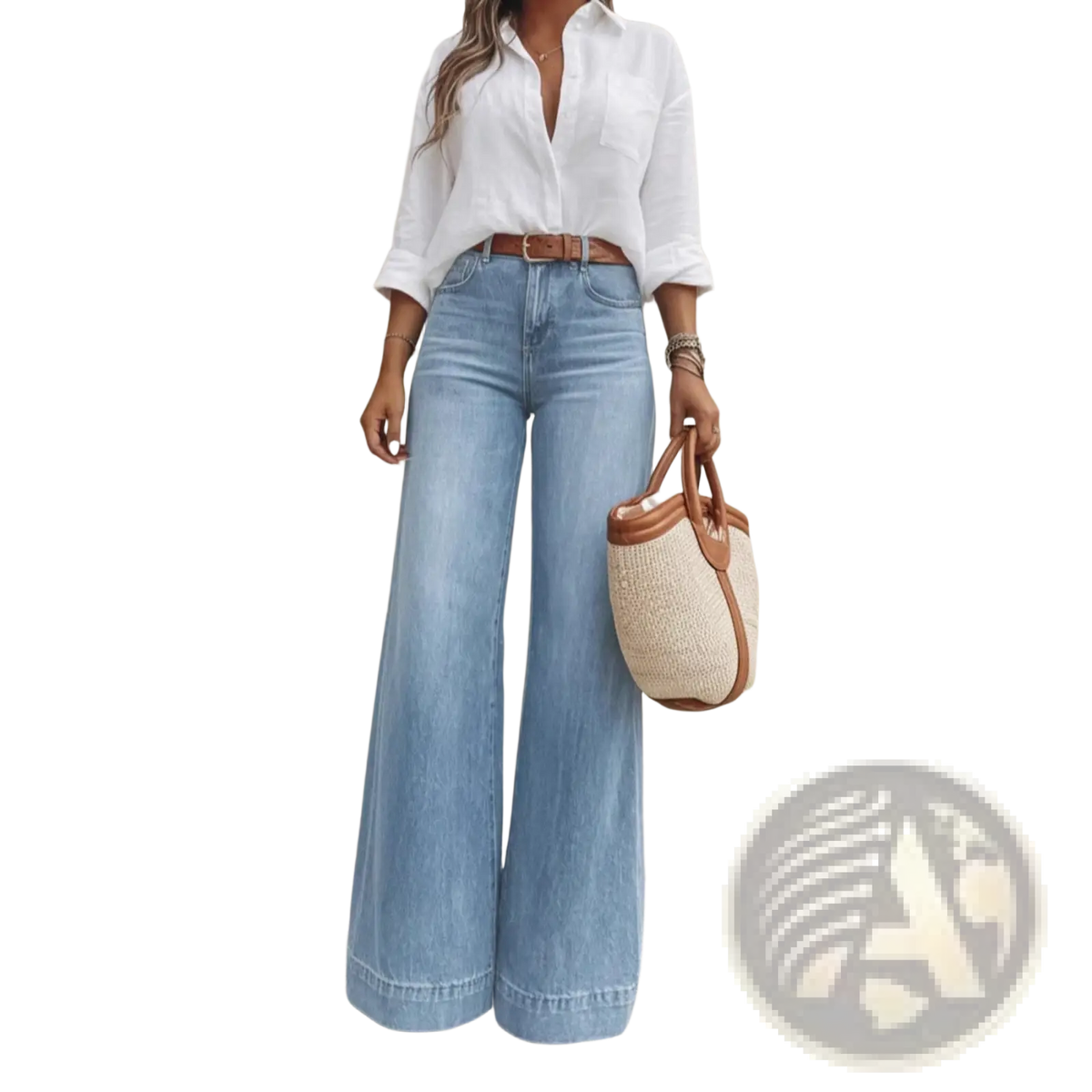Olive green wide leg denim jeans featuring light-wash denim wide-leg pants with button and zipper front and brown leather belt