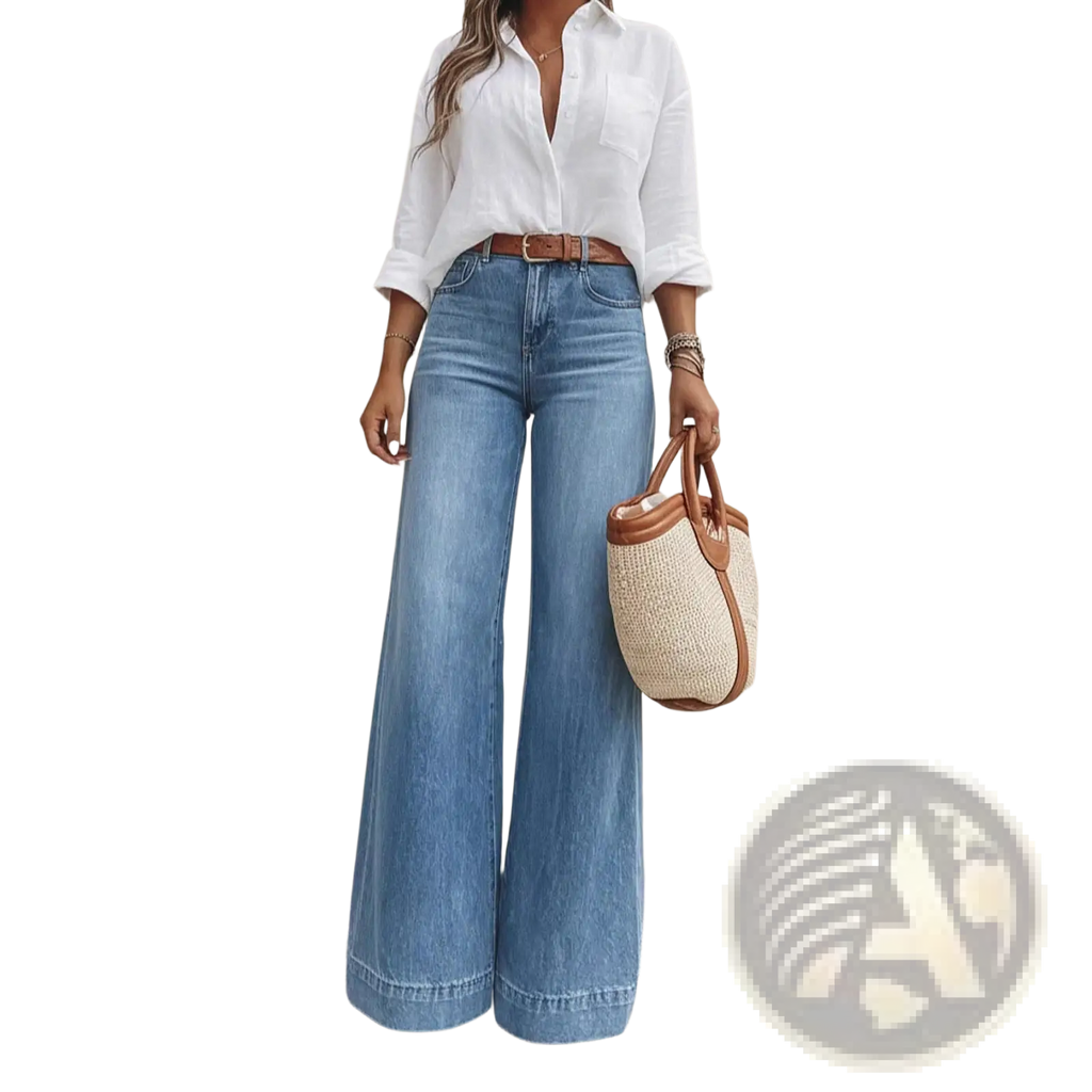 A beige woven handbag with brown leather handles and trim displayed with olive green wide leg denim jeans