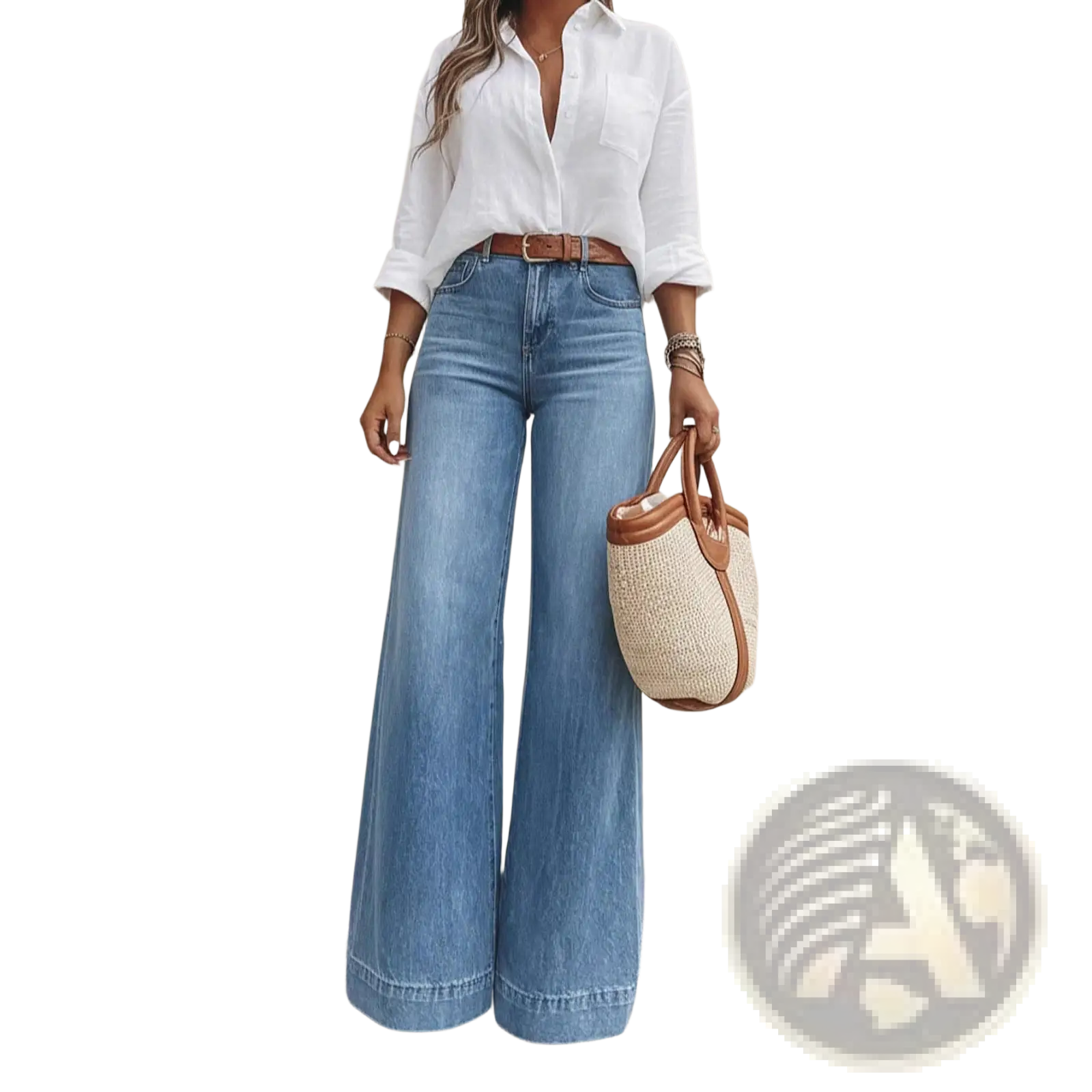 A beige woven handbag with brown leather handles and trim displayed with olive green wide leg denim jeans