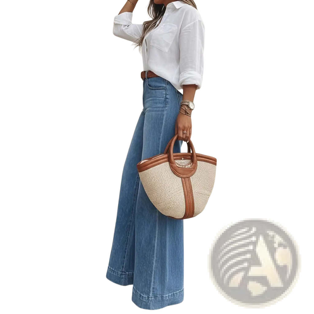 Beige woven straw tote bag with brown leather handles and trim paired with olive green wide leg denim jeans