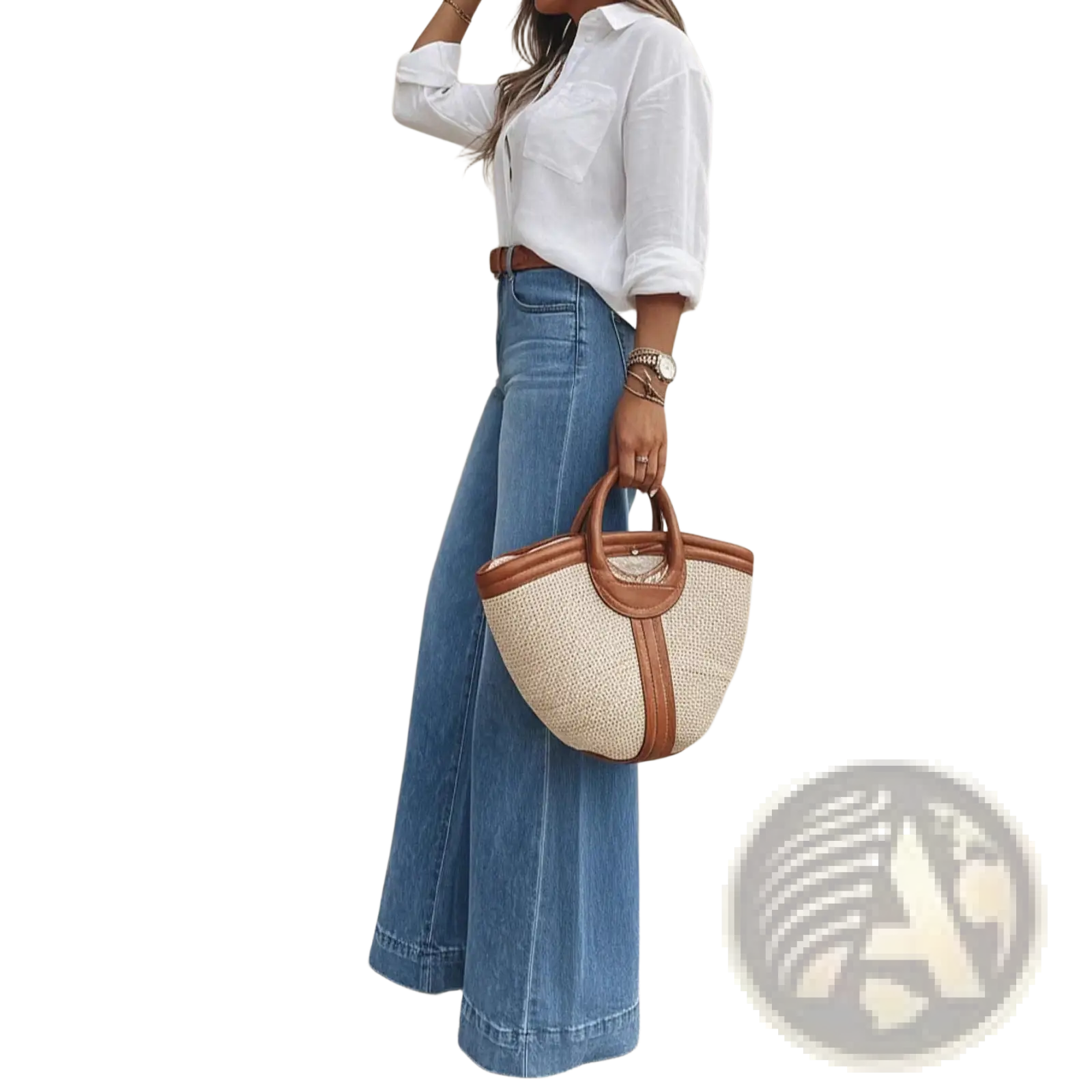 Beige woven straw tote bag with brown leather handles and trim paired with olive green wide leg denim jeans