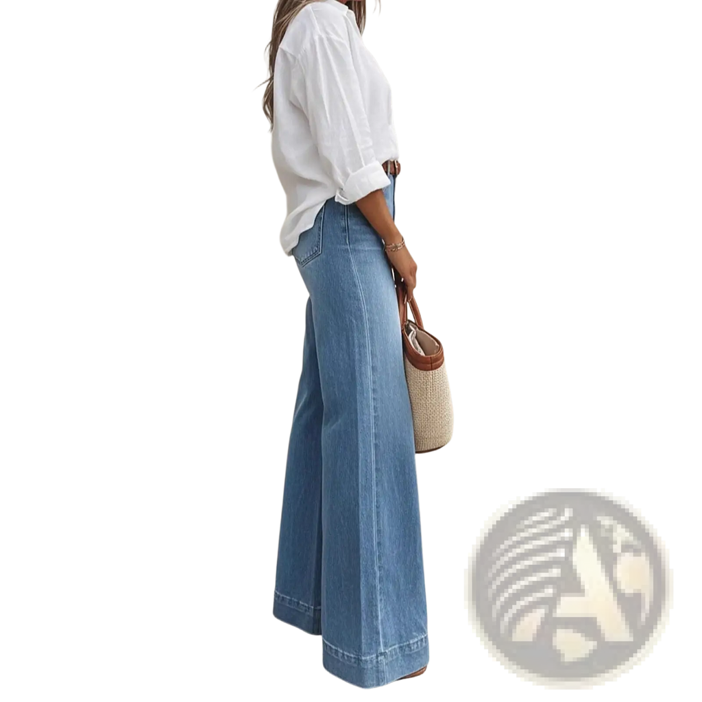 Olive green wide leg denim jeans in light wash with straight cut silhouette and rolled cuffs in denim material