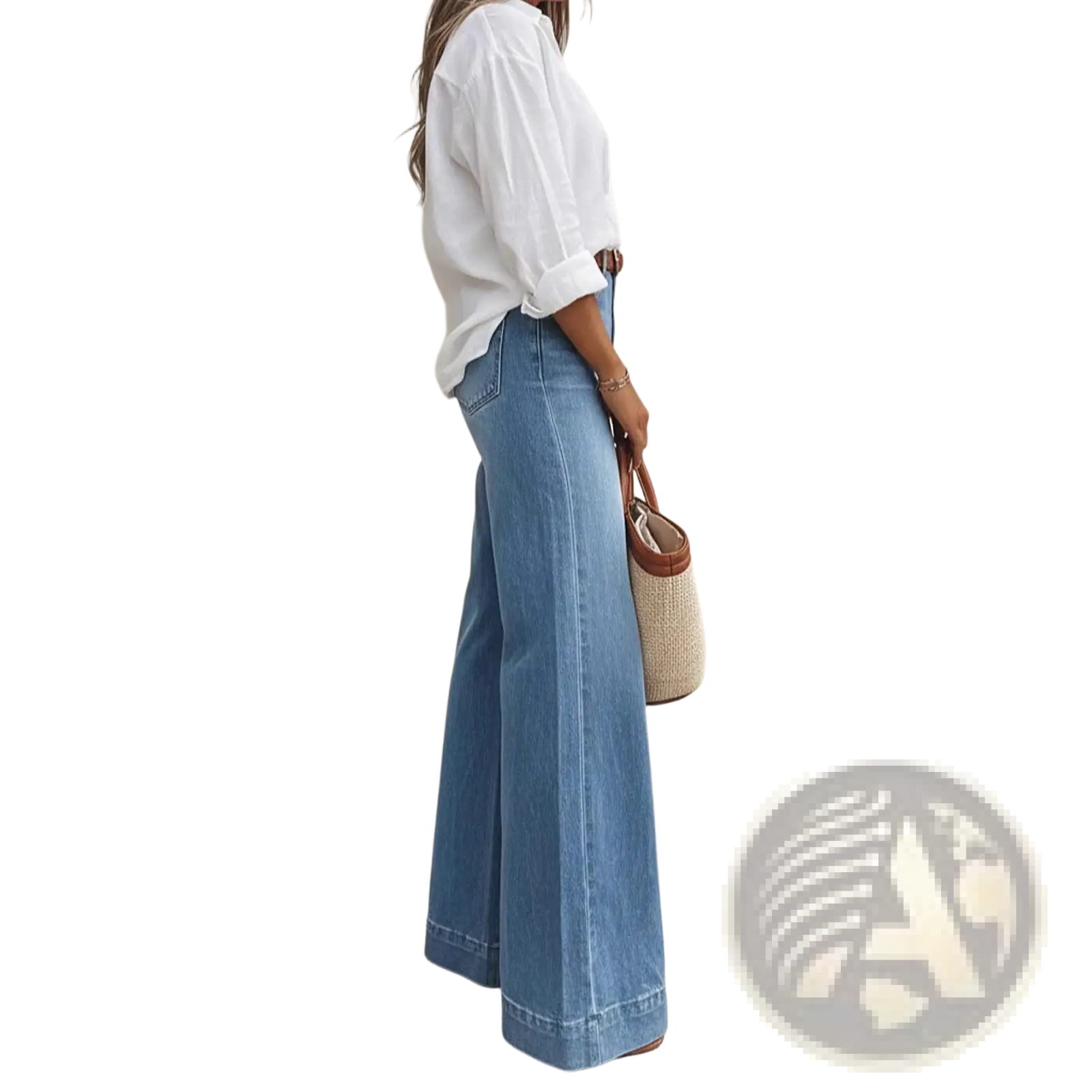 Olive green wide leg denim jeans in light wash with straight cut silhouette and rolled cuffs in denim material