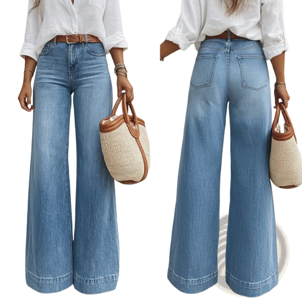 Olive green wide leg denim jeans made of lightwash denim with a classic five pocket design and belt loops
