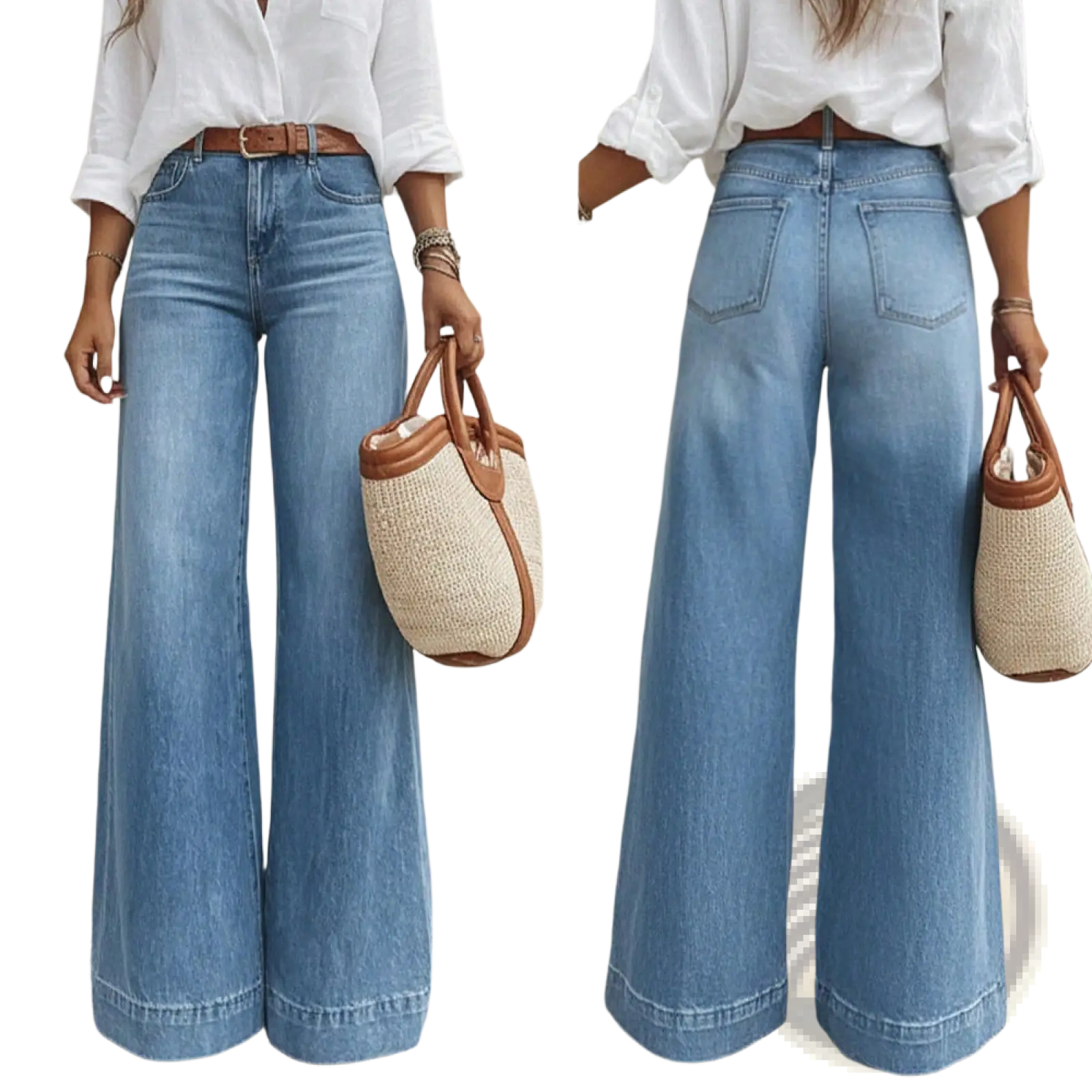 Olive green wide leg denim jeans made of lightwash denim with a classic five pocket design and belt loops