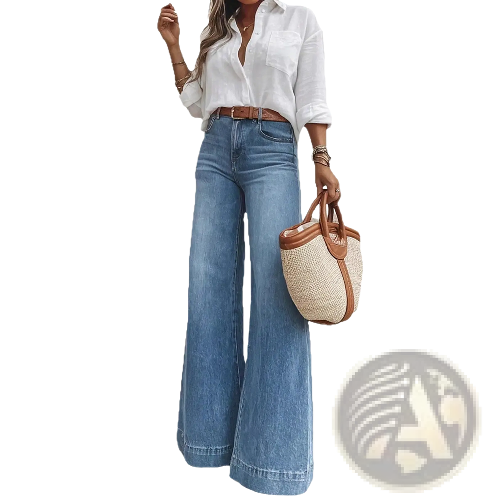 A woven straw tote bag with brown leather handles and trim paired with olive green wide leg denim jeans