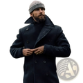 Dark navy woolen double-breasted peacoat with black buttons shown alongside olive green wool double-breasted coat
