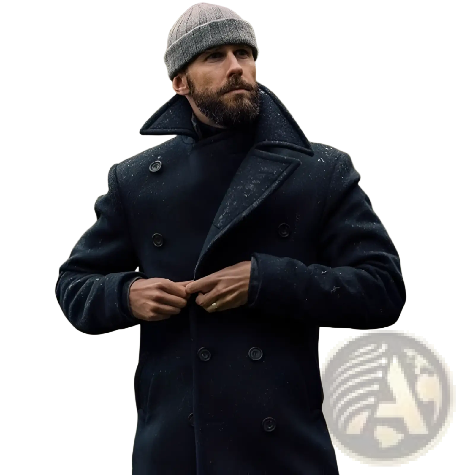 Dark navy woolen double-breasted peacoat with black buttons shown alongside olive green wool double-breasted coat