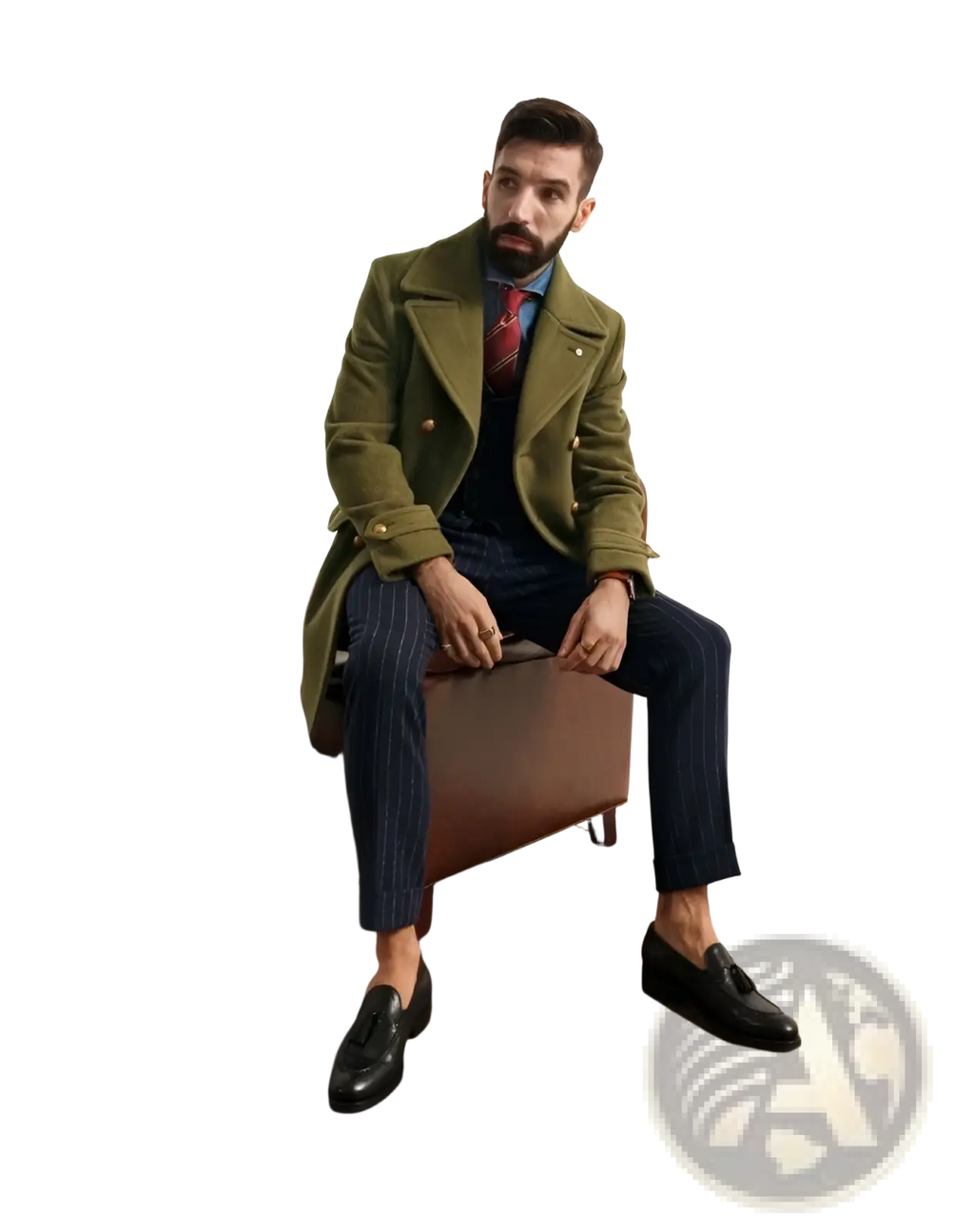 Olive green wool double-breasted coat featuring gold-toned buttons for stylish cold weather wear
