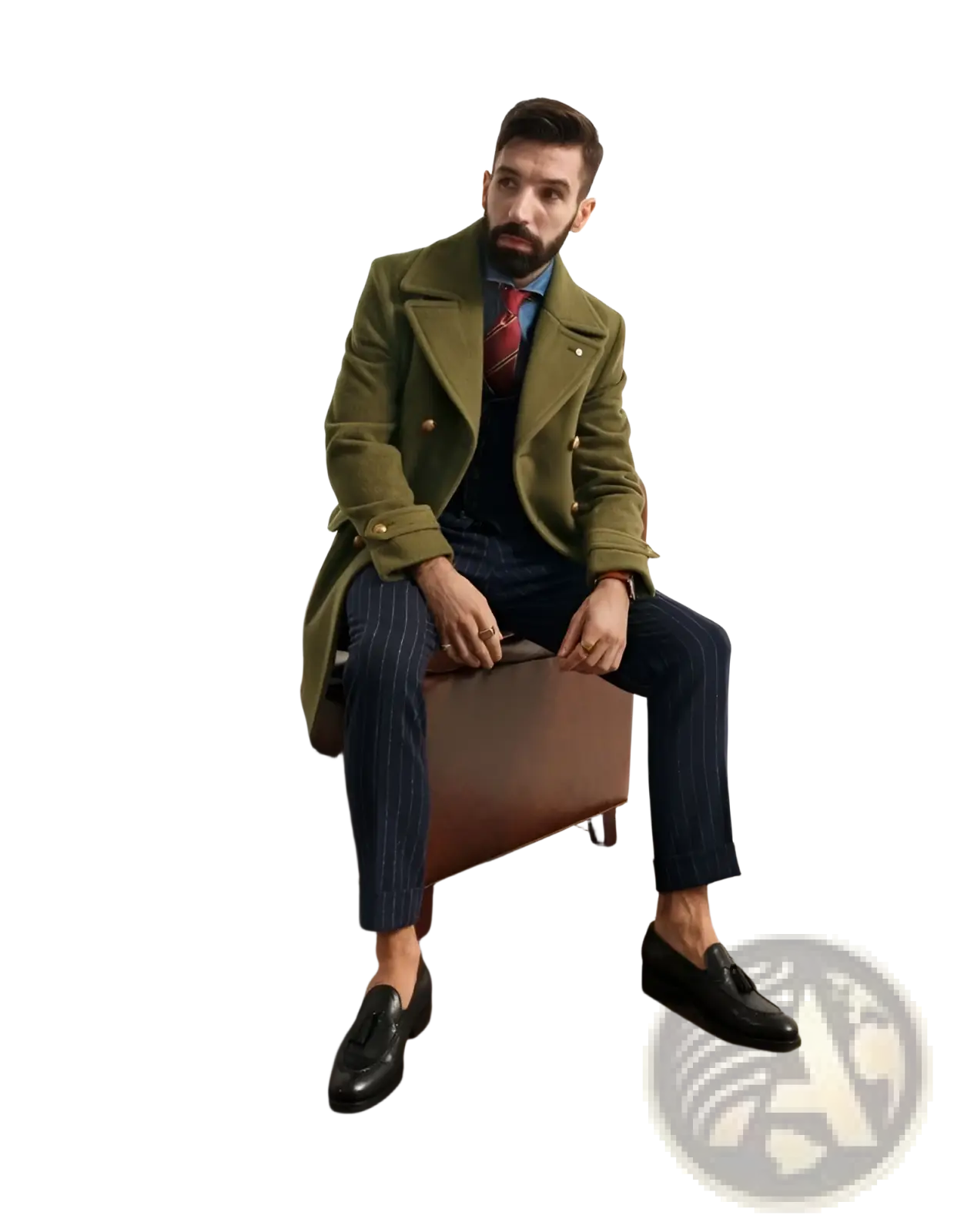 Olive green wool double-breasted coat featuring gold-toned buttons for stylish cold weather wear
