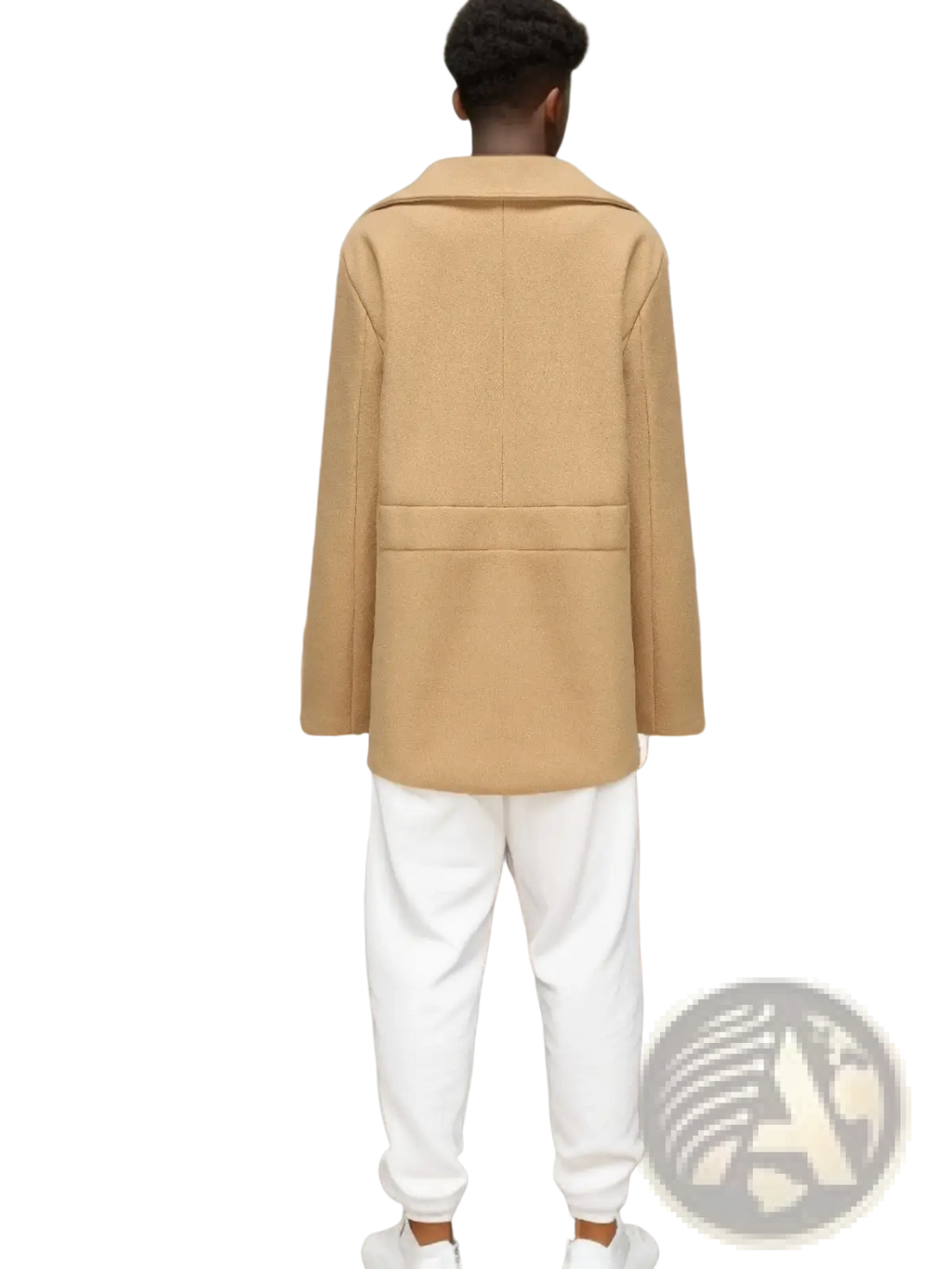 Beige woolen blazer with structured collar and two front pockets paired with olive green wool double-breasted coat