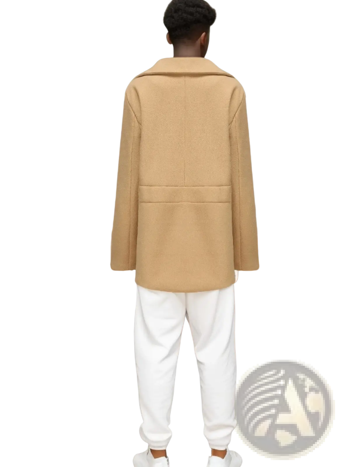 Beige woolen blazer with structured collar and two front pockets paired with olive green wool double-breasted coat