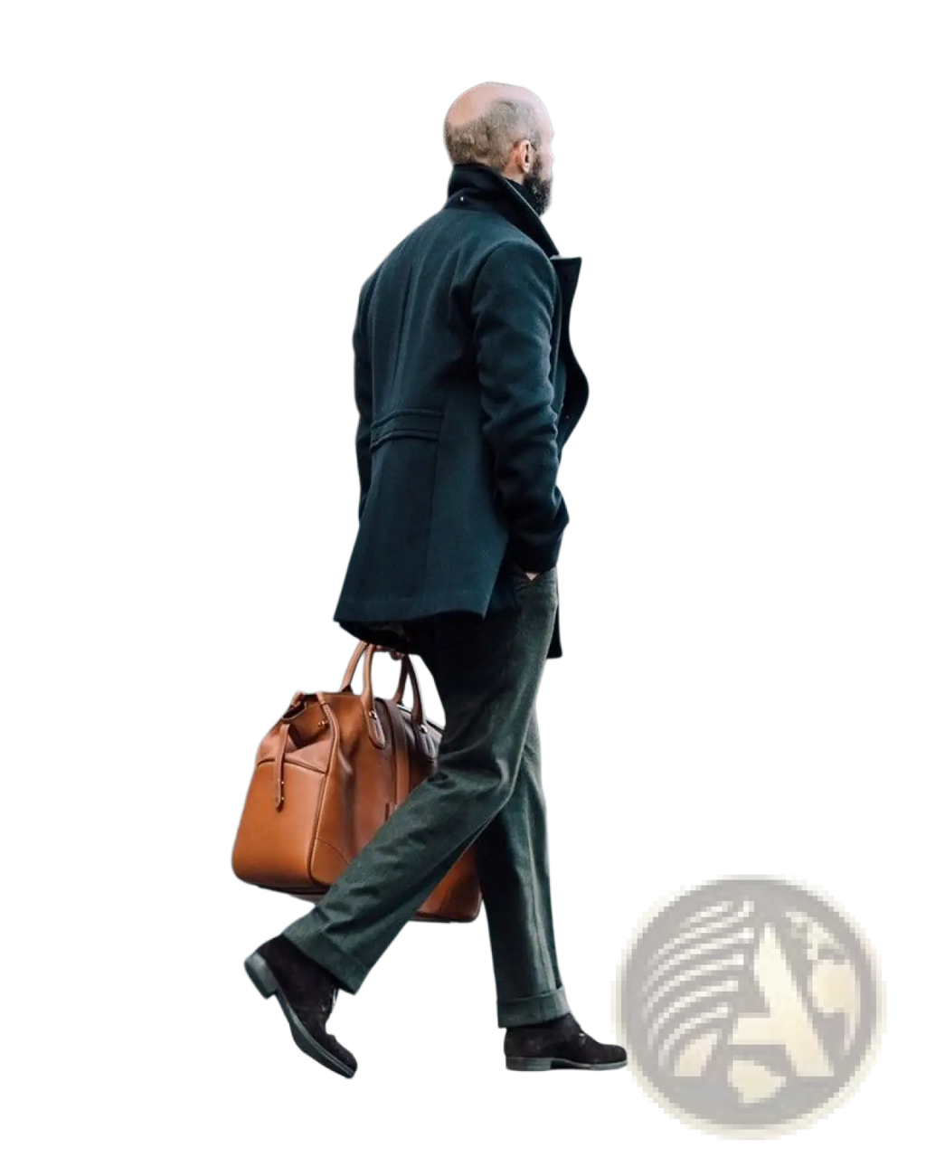 Brown leather briefcase with structured design and top handles paired with olive green wool double-breasted coat