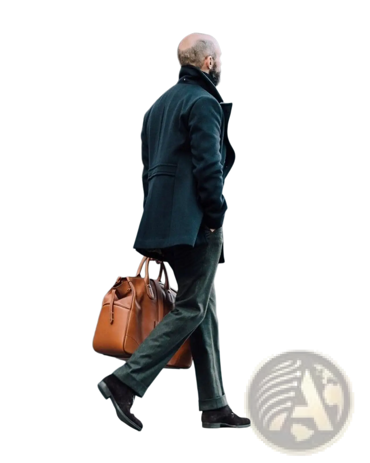 Brown leather briefcase with structured design and top handles paired with olive green wool double-breasted coat