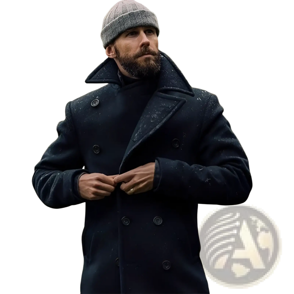 Dark navy wool double-breasted peacoat with black buttons and notched collar in olive green wool coat product image