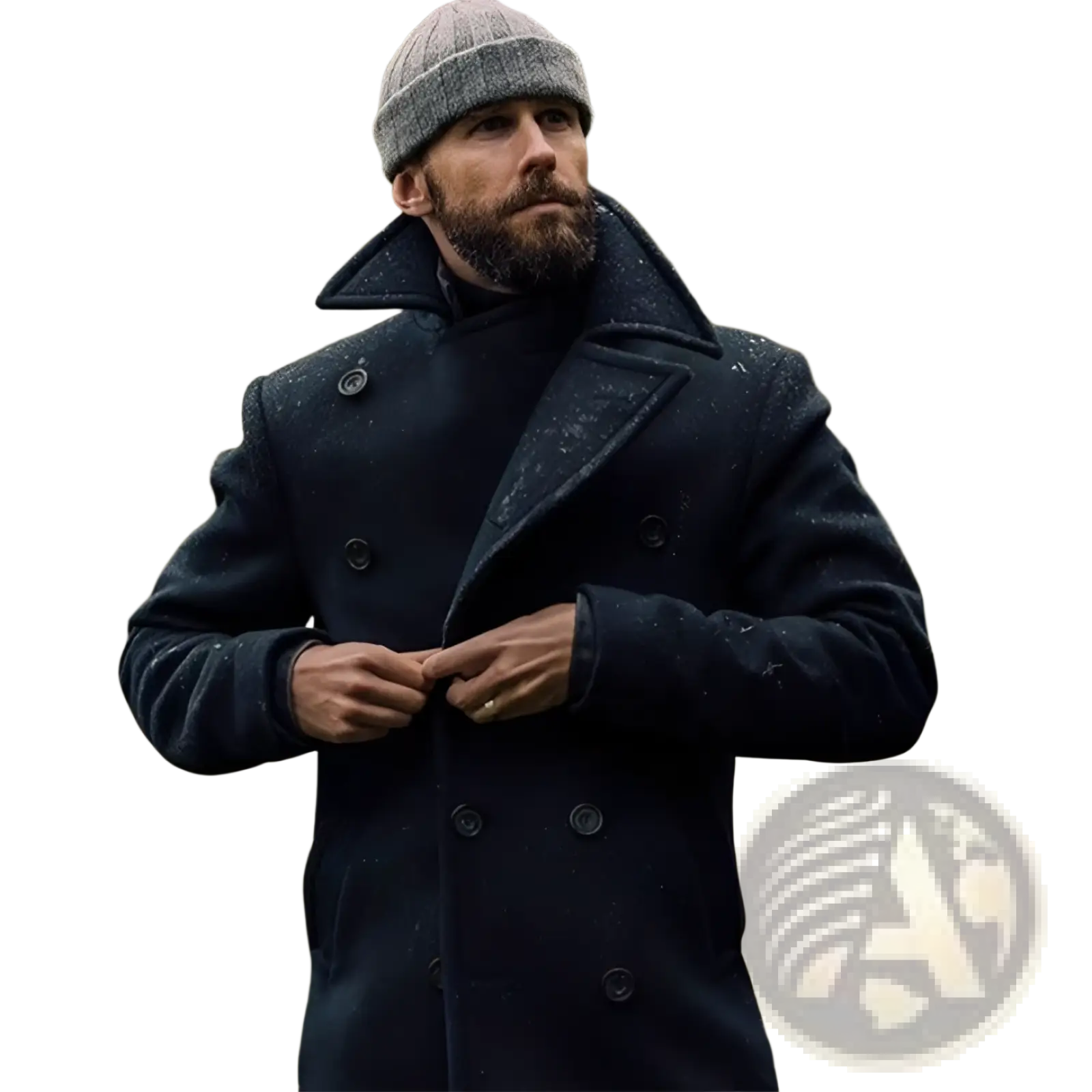 Dark navy wool double-breasted peacoat with black buttons and notched collar in olive green wool coat product image