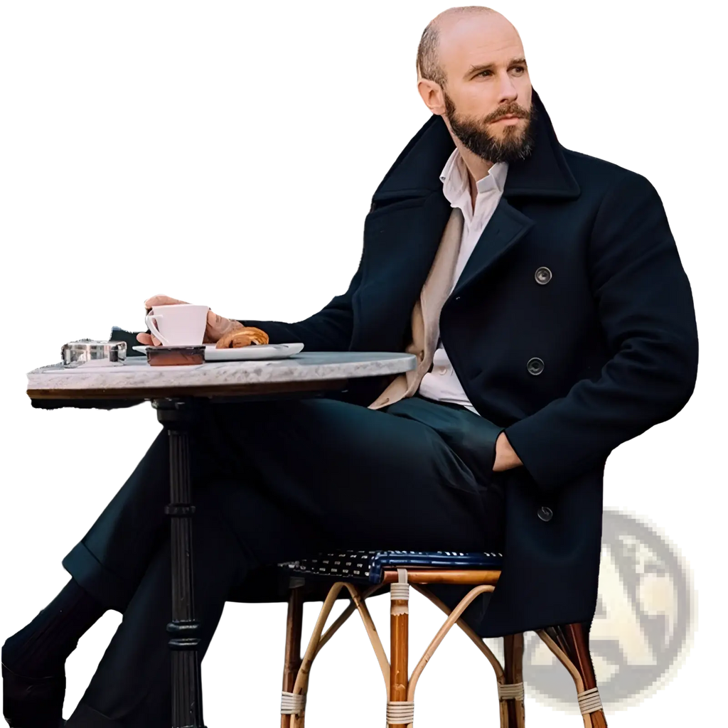 Man wearing a dark navy double-breasted wool overcoat with notched lapels seated at an outdoor café table
