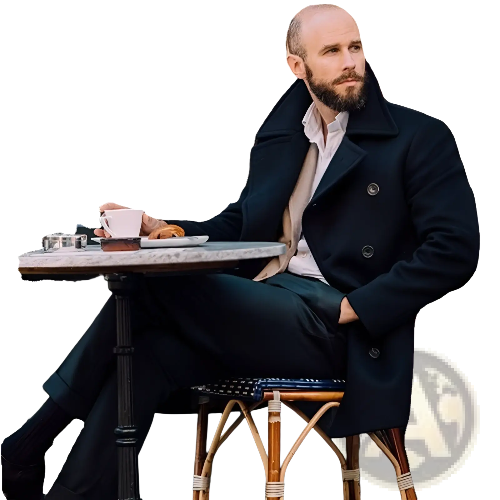 Man wearing a dark navy double-breasted wool overcoat with notched lapels seated at an outdoor café table