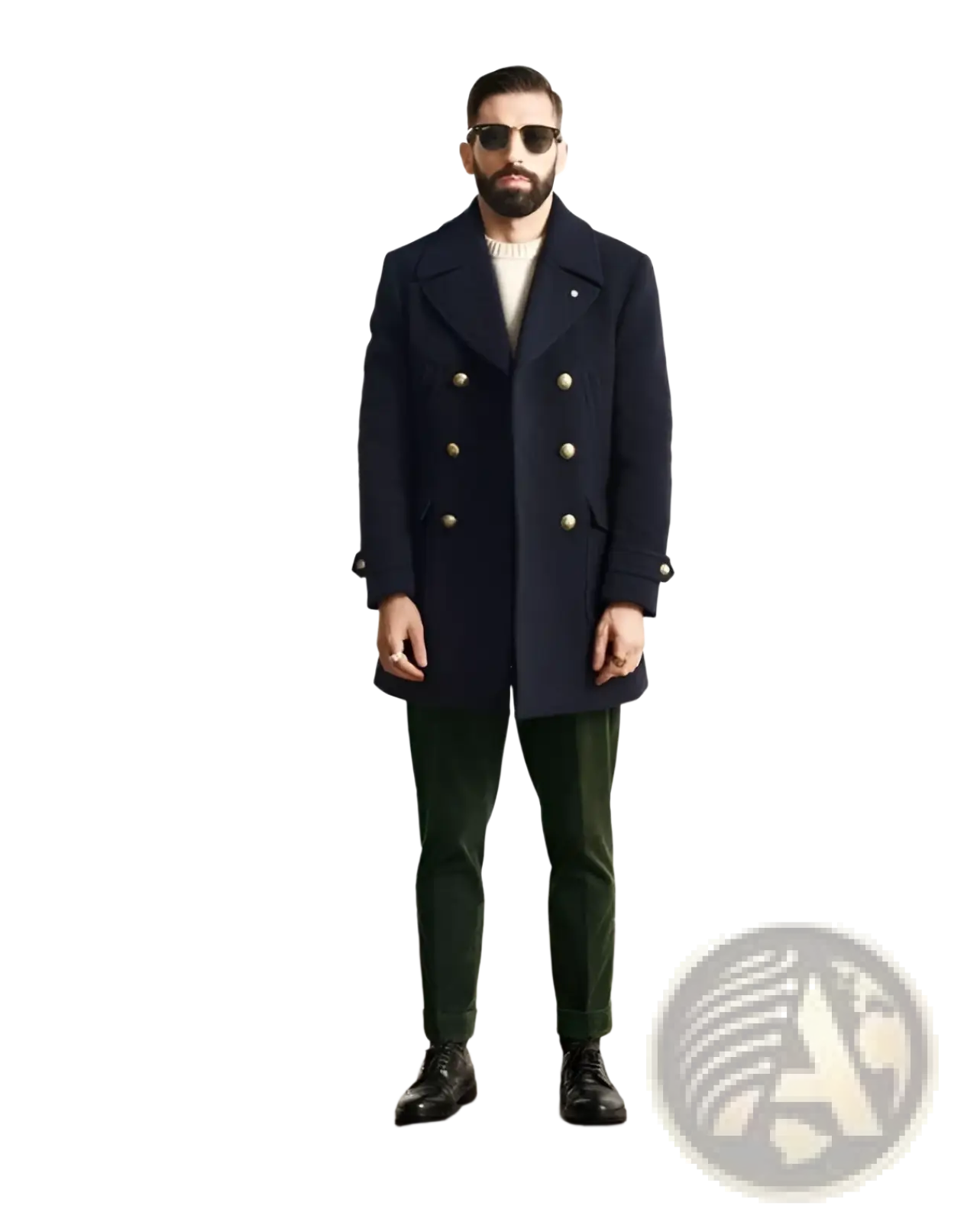 Navy blue double-breasted wool overcoat with gold toned buttons shown from the front as part of olive green wool coat collection